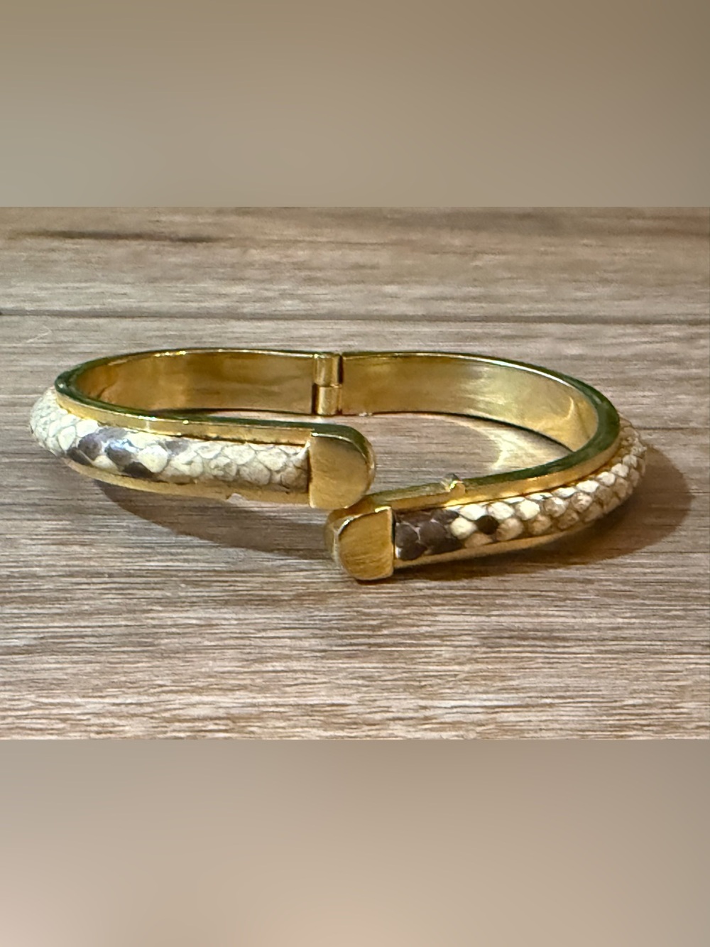 Gold Tone Genuine Snakeskin Python Wrap Cuff Bracelet Hinged Bangle